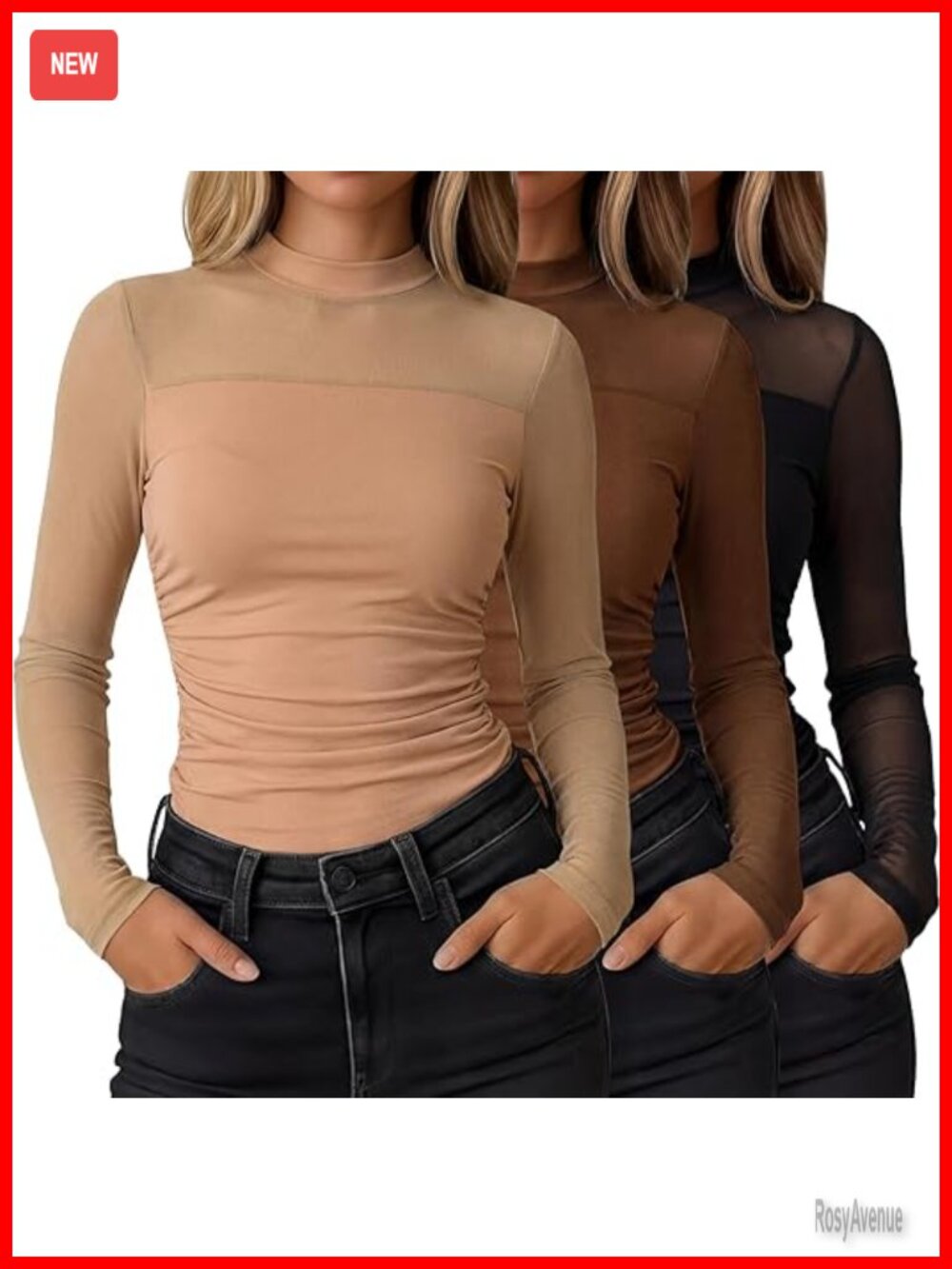 3 Pack Sheer Mesh Tops Long Sleeve Mock Turtle Neck Ruched Fitted Blouse Party